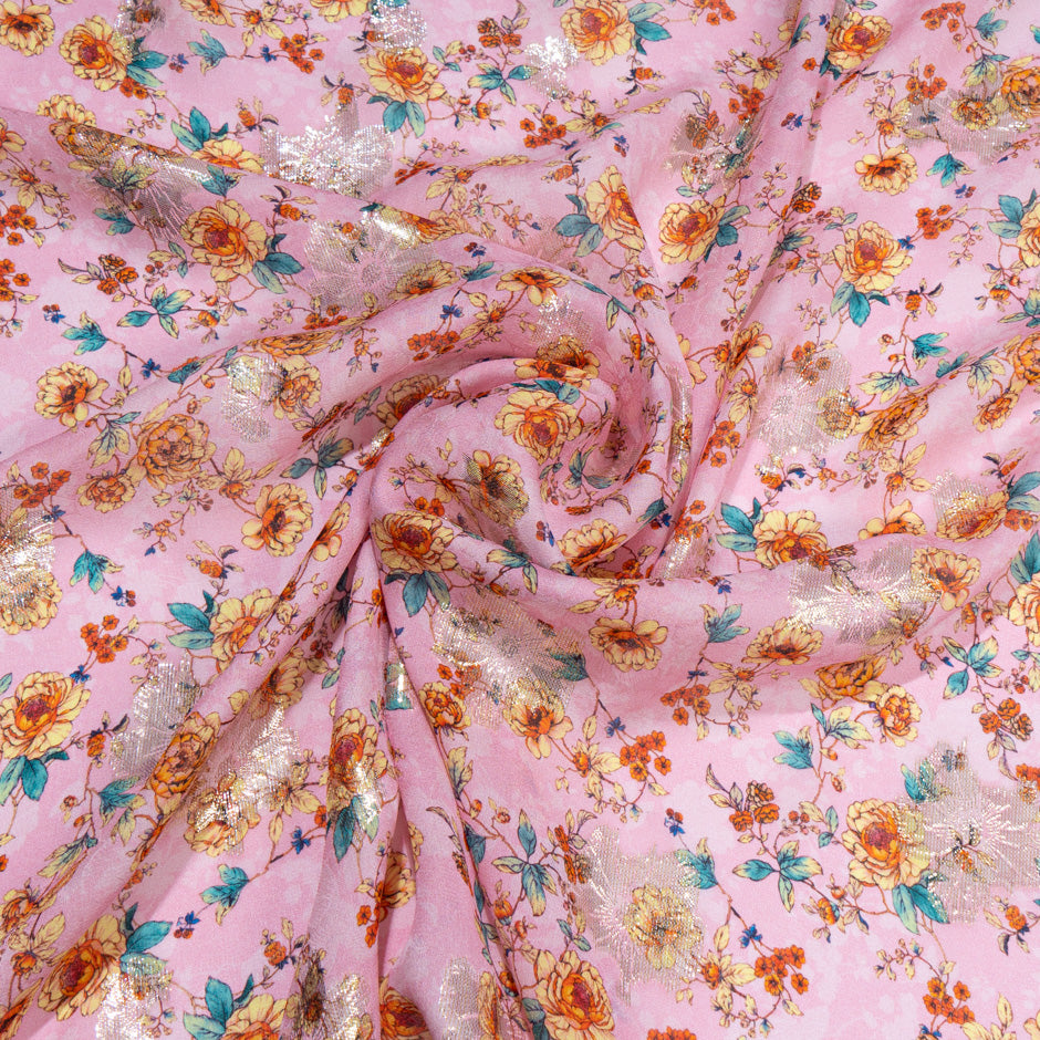 Orange & Yellow Floral Printed Pink Silk Georgette