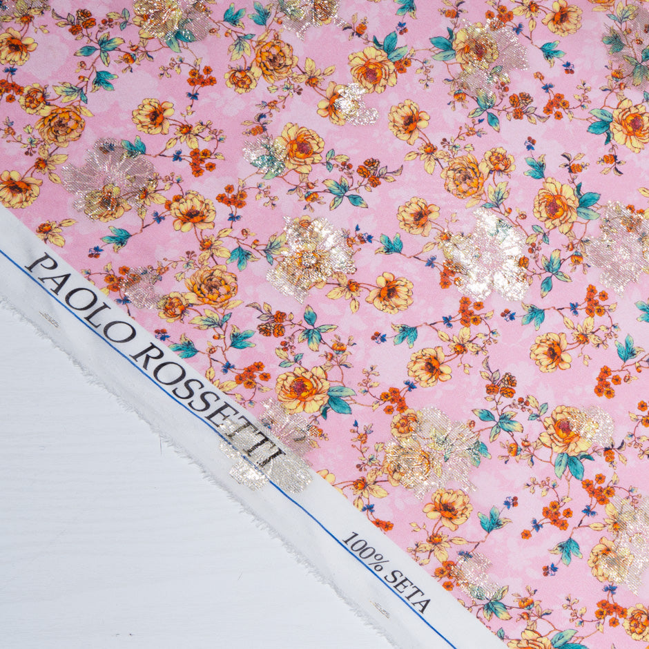 Orange & Yellow Floral Printed Pink Silk Georgette