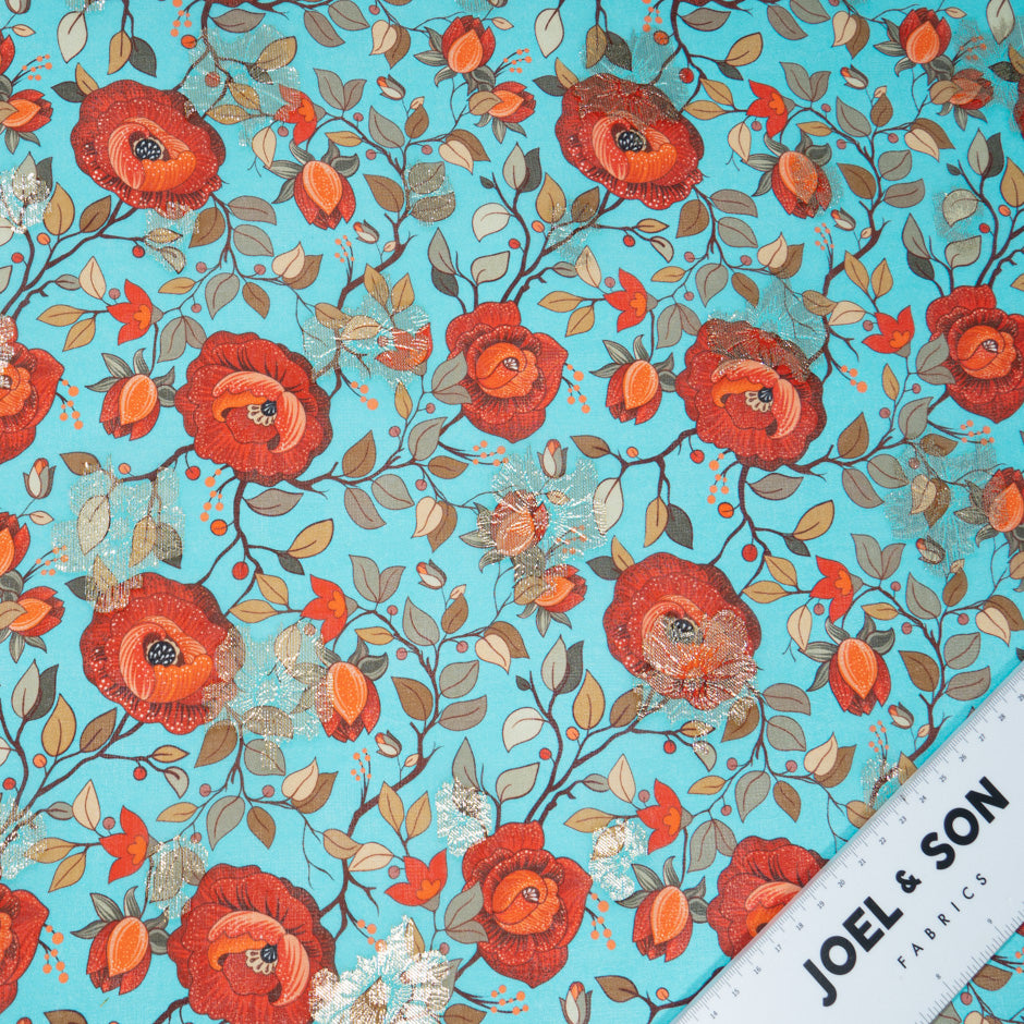 Red Poppy Printed Turquoise Silk Georgette