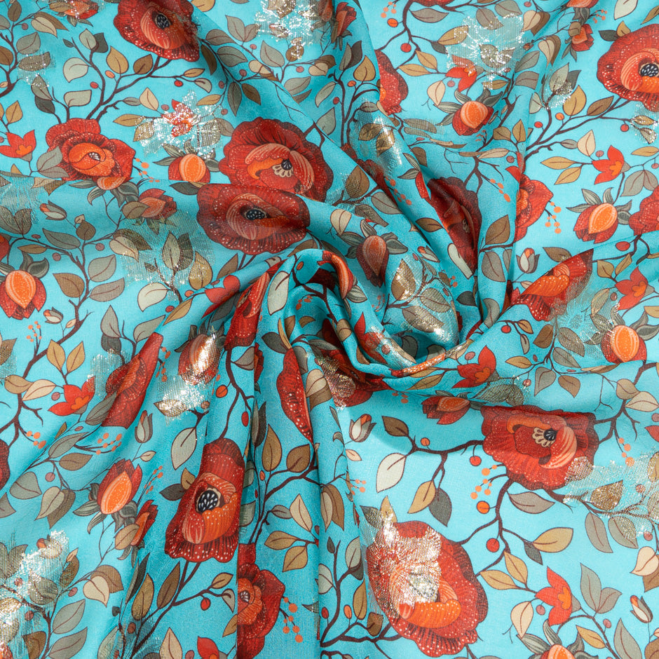 Red Poppy Printed Turquoise Silk Georgette