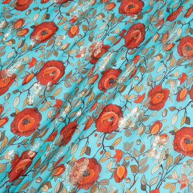 Red Poppy Printed Turquoise Silk Georgette