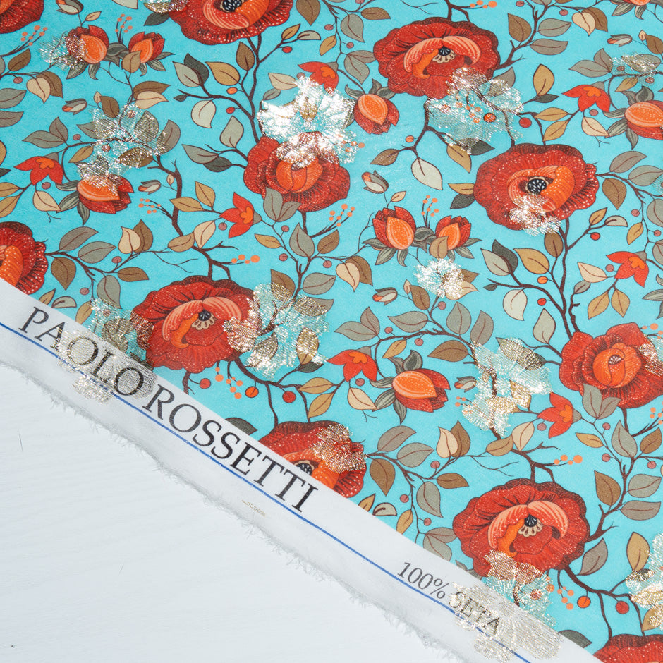 Red Poppy Printed Turquoise Silk Georgette