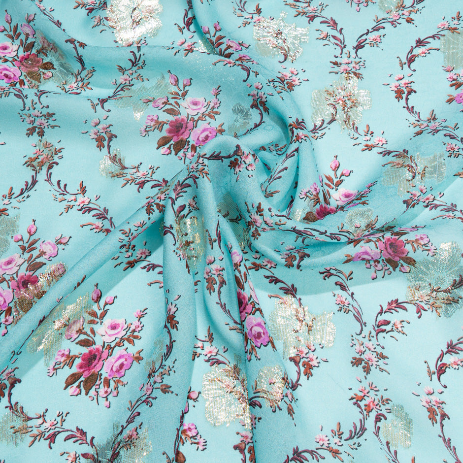 Pink Floral Printed Sky Blue Pure Silk Georgette