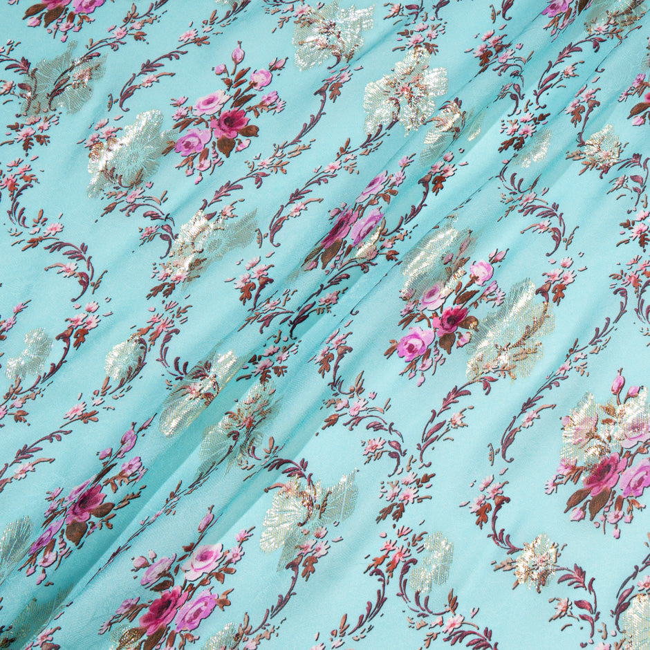 Pink Floral Printed Sky Blue Pure Silk Georgette