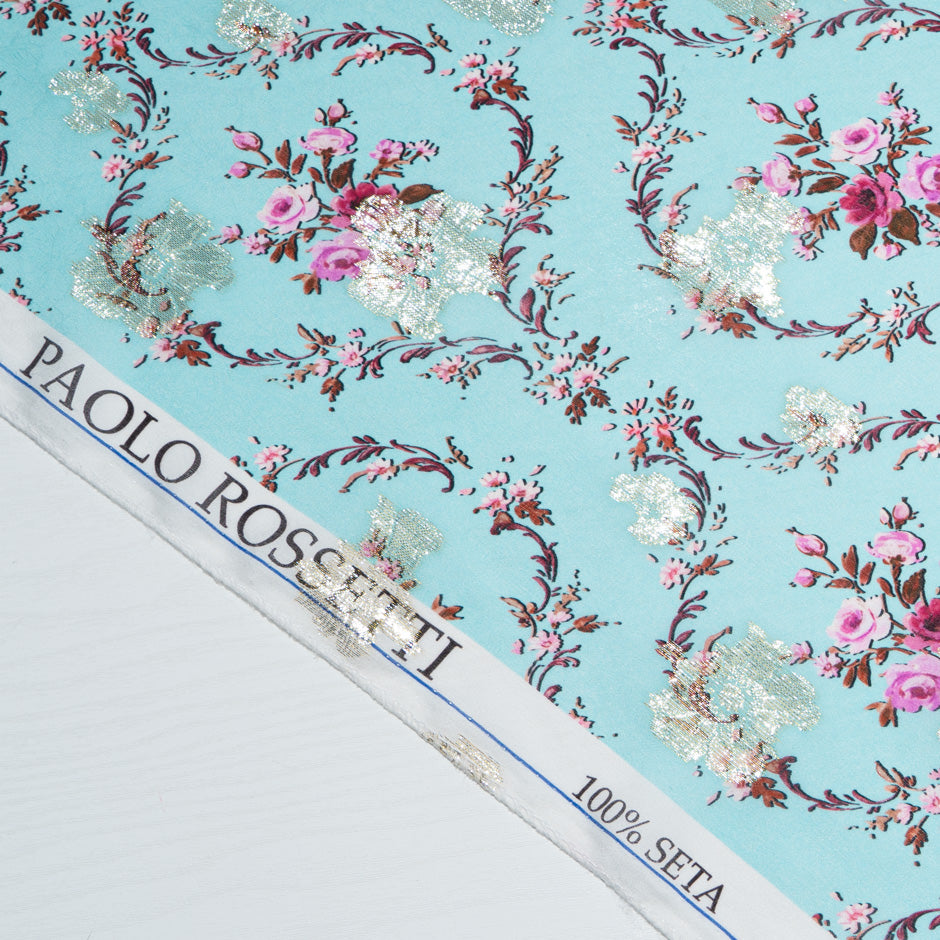 Pink Floral Printed Sky Blue Pure Silk Georgette