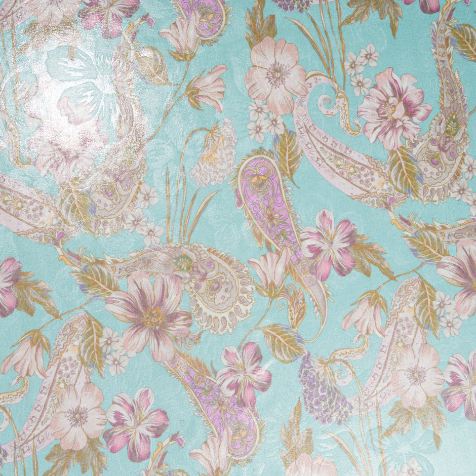 Paisley & Floral Printed Turquoise Silk Lamé