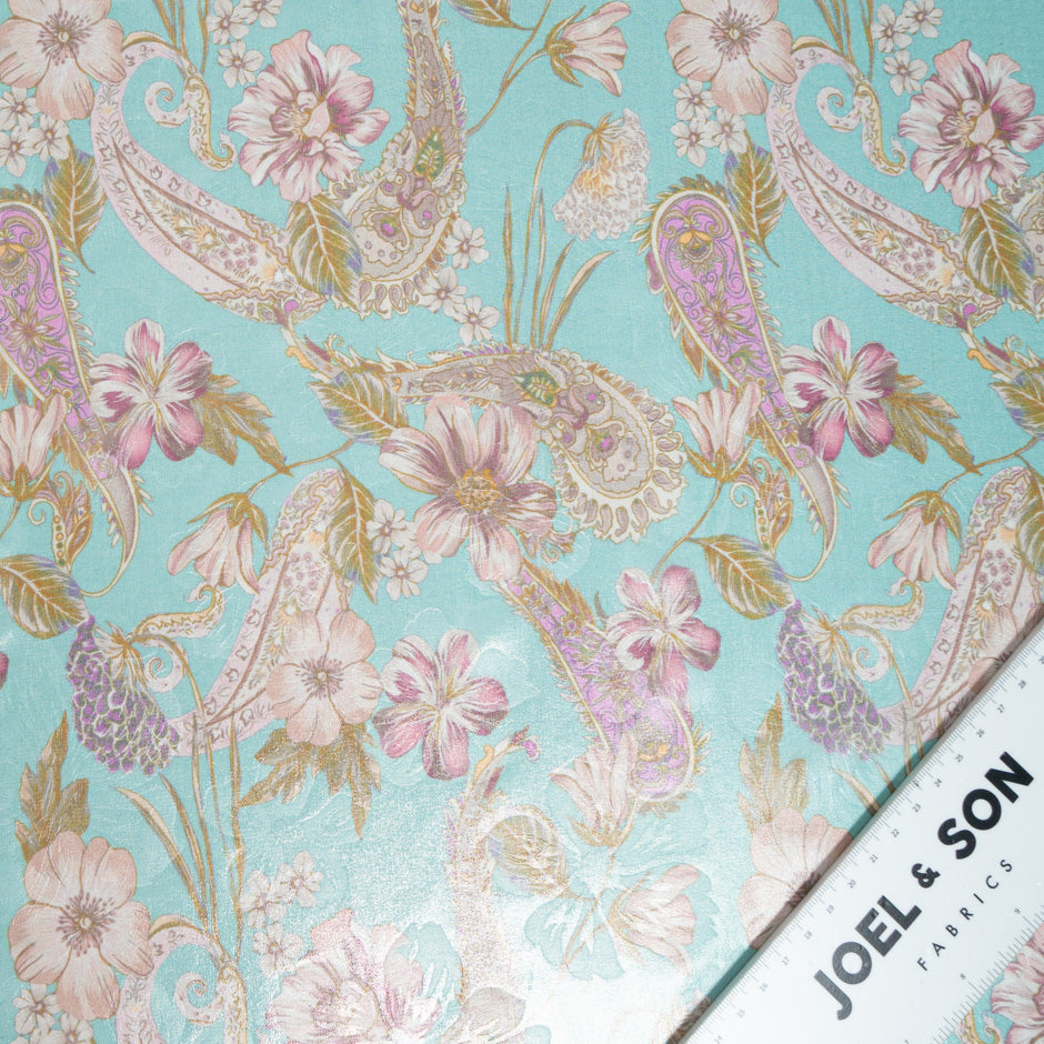 Paisley & Floral Printed Turquoise Silk Lamé