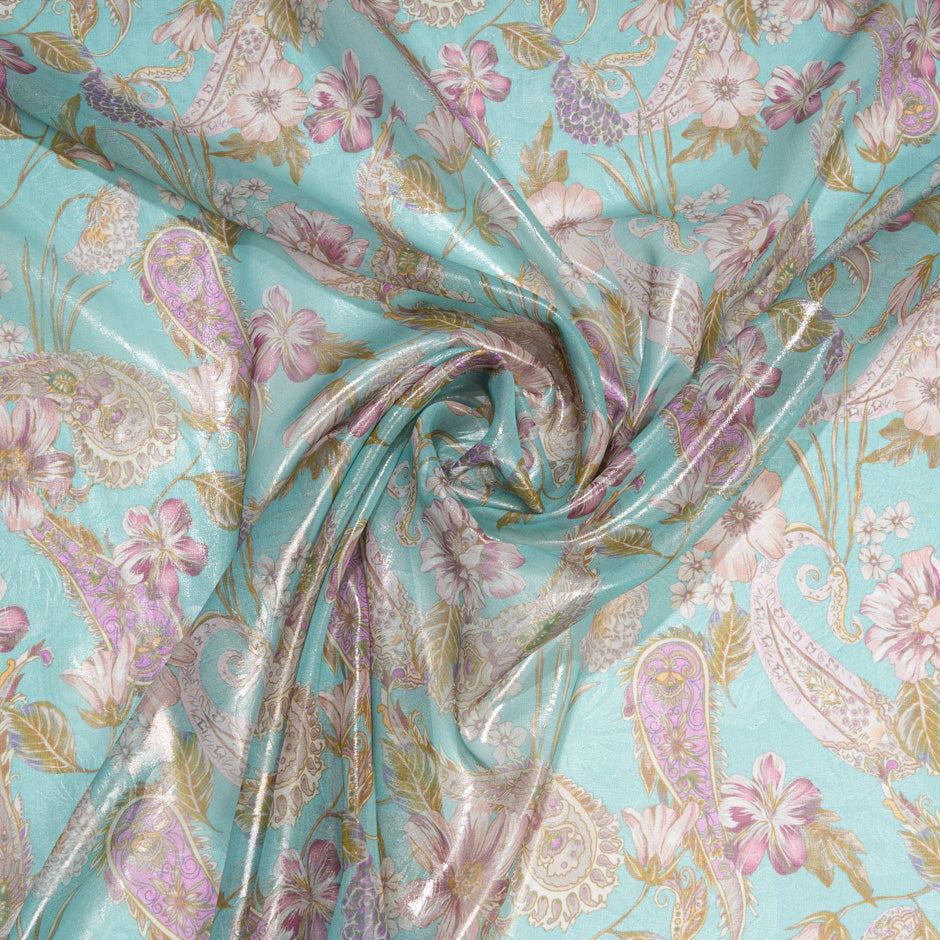 Paisley & Floral Printed Turquoise Silk Lamé