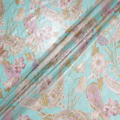 Paisley & Floral Printed Turquoise Silk Lamé