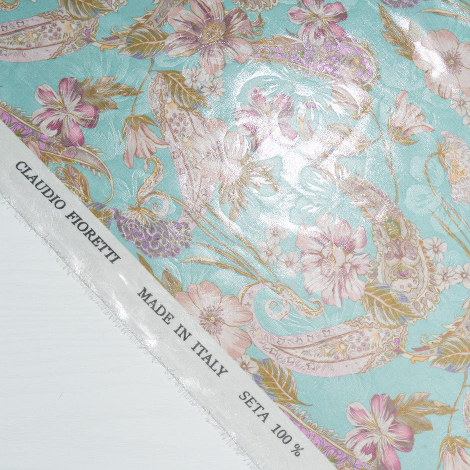 Paisley & Floral Printed Turquoise Silk Lamé