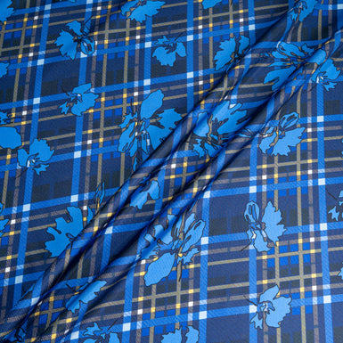 Blue Floral & Tartan Printed Pure Silk Satin