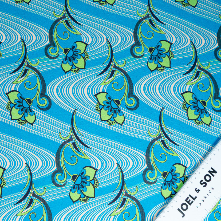 Green Floral Printed Blue Pure Silk Twill