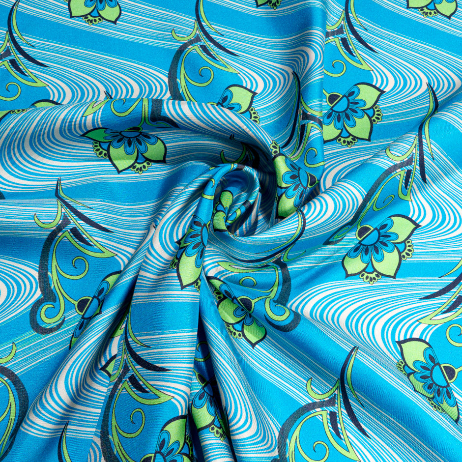 Green Floral Printed Blue Pure Silk Twill