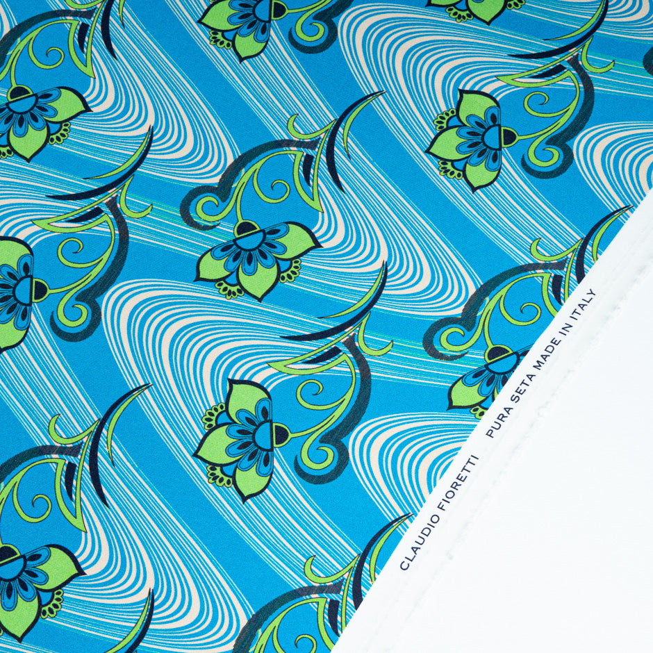 Green Floral Printed Blue Pure Silk Twill