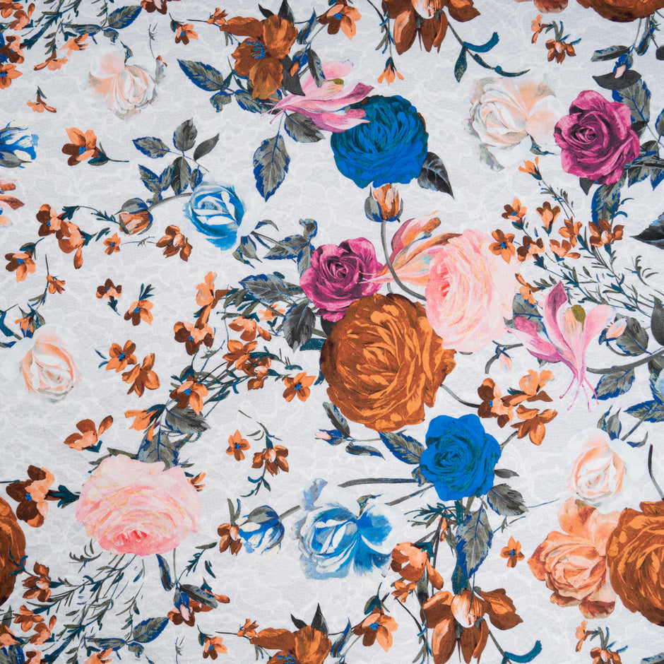 Brown & Blue Floral Printed Pale Grey Pure Cotton