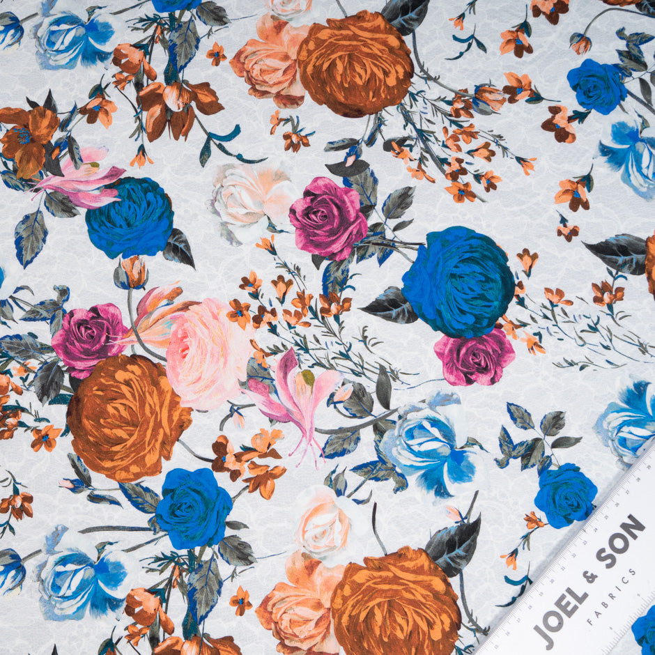Brown & Blue Floral Printed Pale Grey Pure Cotton