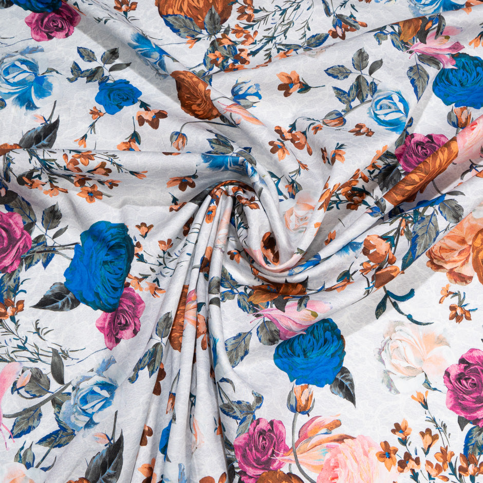 Brown & Blue Floral Printed Pale Grey Pure Cotton