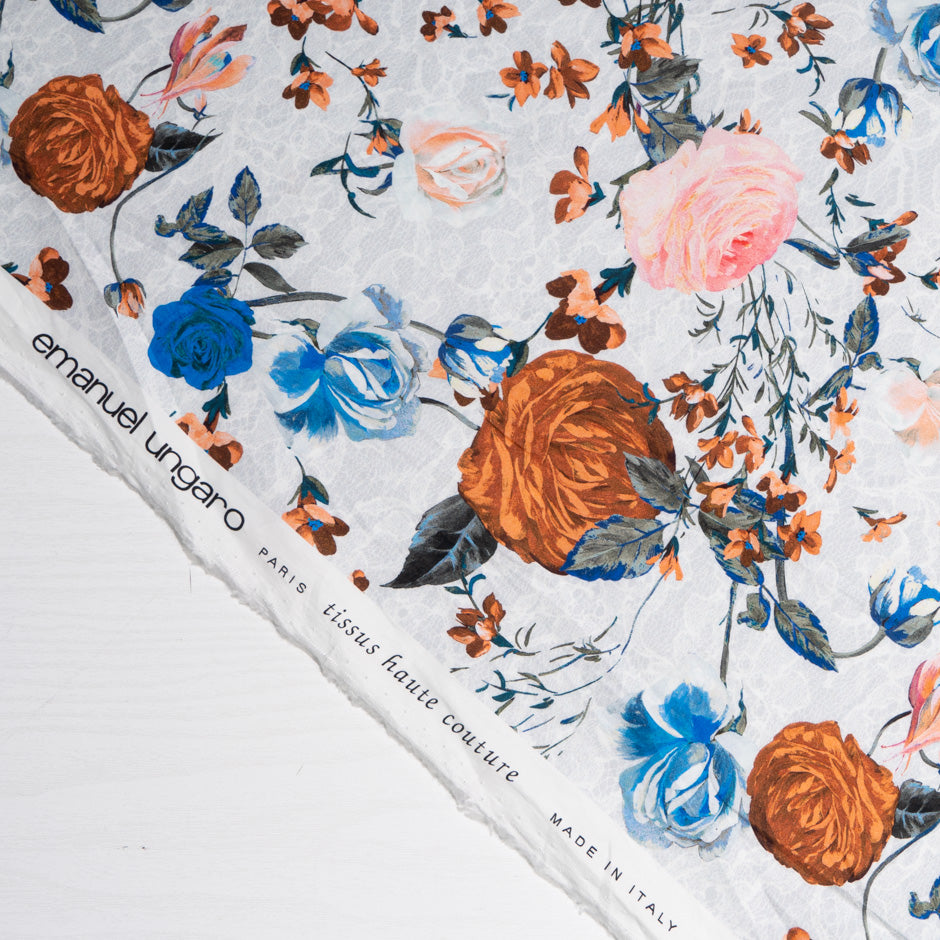 Brown & Blue Floral Printed Pale Grey Pure Cotton