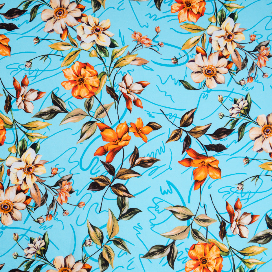 Orange & Ivory Floral Printed Sky Blue Cotton