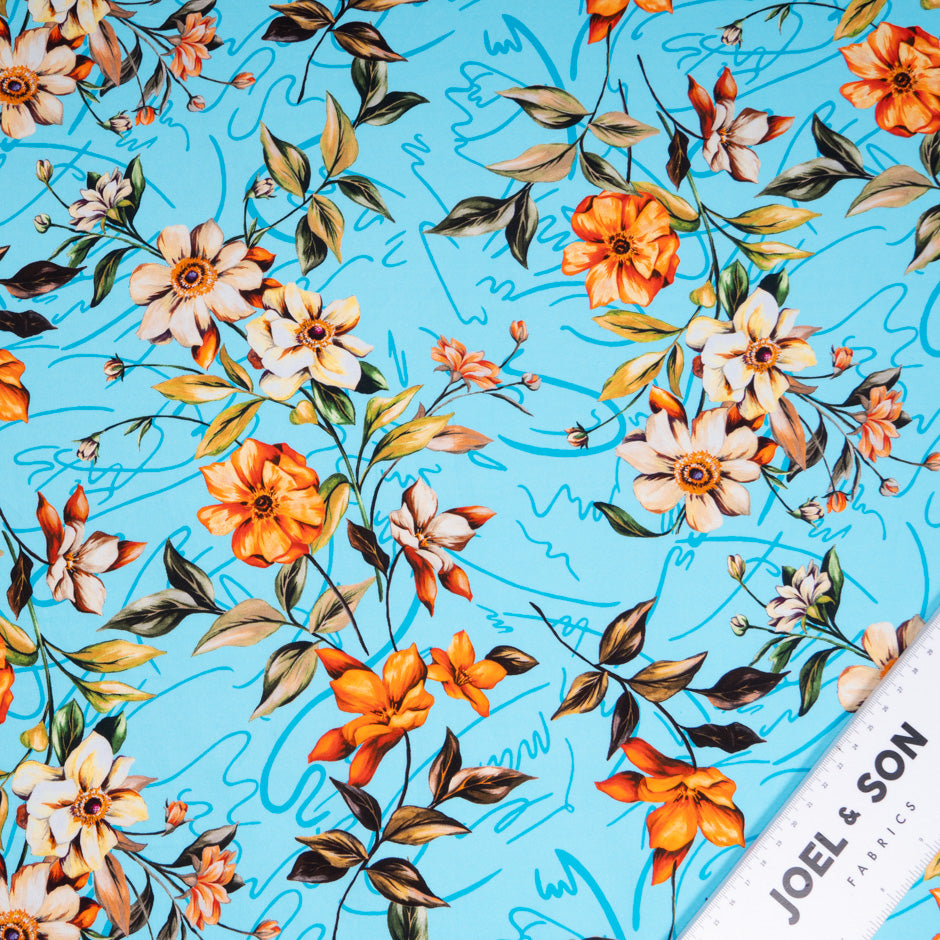 Orange & Ivory Floral Printed Sky Blue Cotton