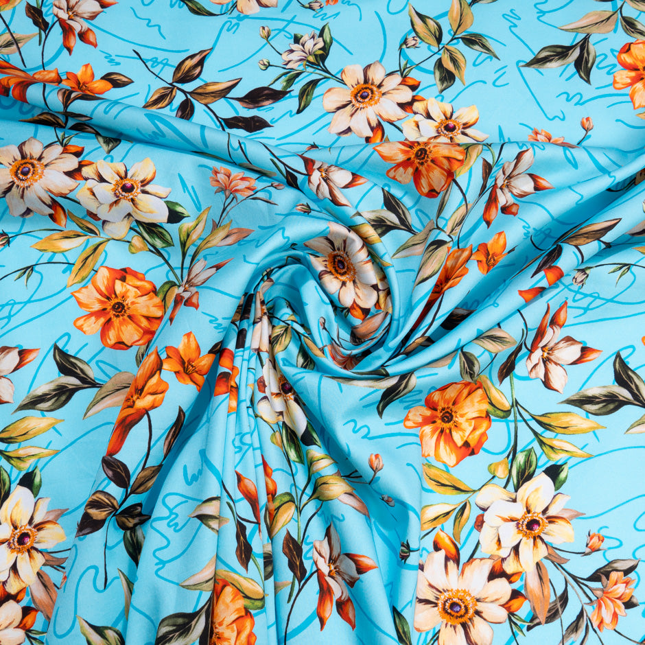 Orange & Ivory Floral Printed Sky Blue Cotton