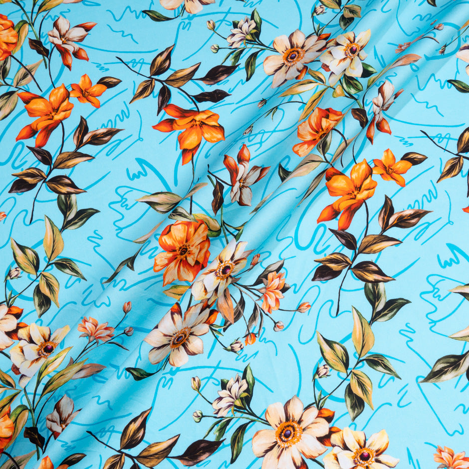 Orange & Ivory Floral Printed Sky Blue Cotton