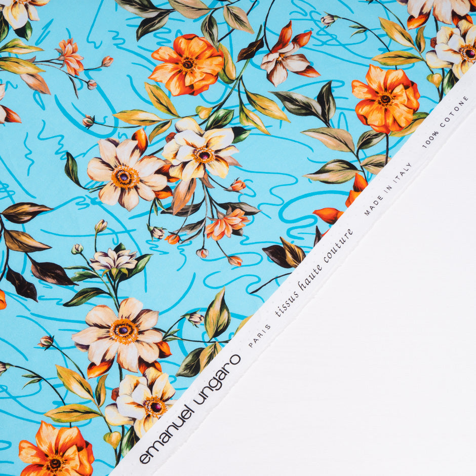 Orange & Ivory Floral Printed Sky Blue Cotton