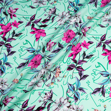 Fuchsia Pink Floral Printed Mint Green Cotton