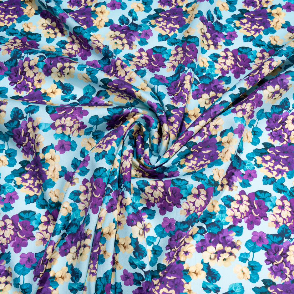 Purple & Yellow Floral Printed Baby Blue Pure Cotton