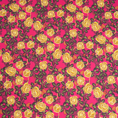 Mustard Yellow Rose Printed Deep Pink Pure Cotton