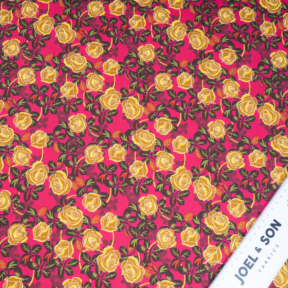 Yellow Rose Printed Deep Pink Pure Cotton (A 2.85m Piece)
