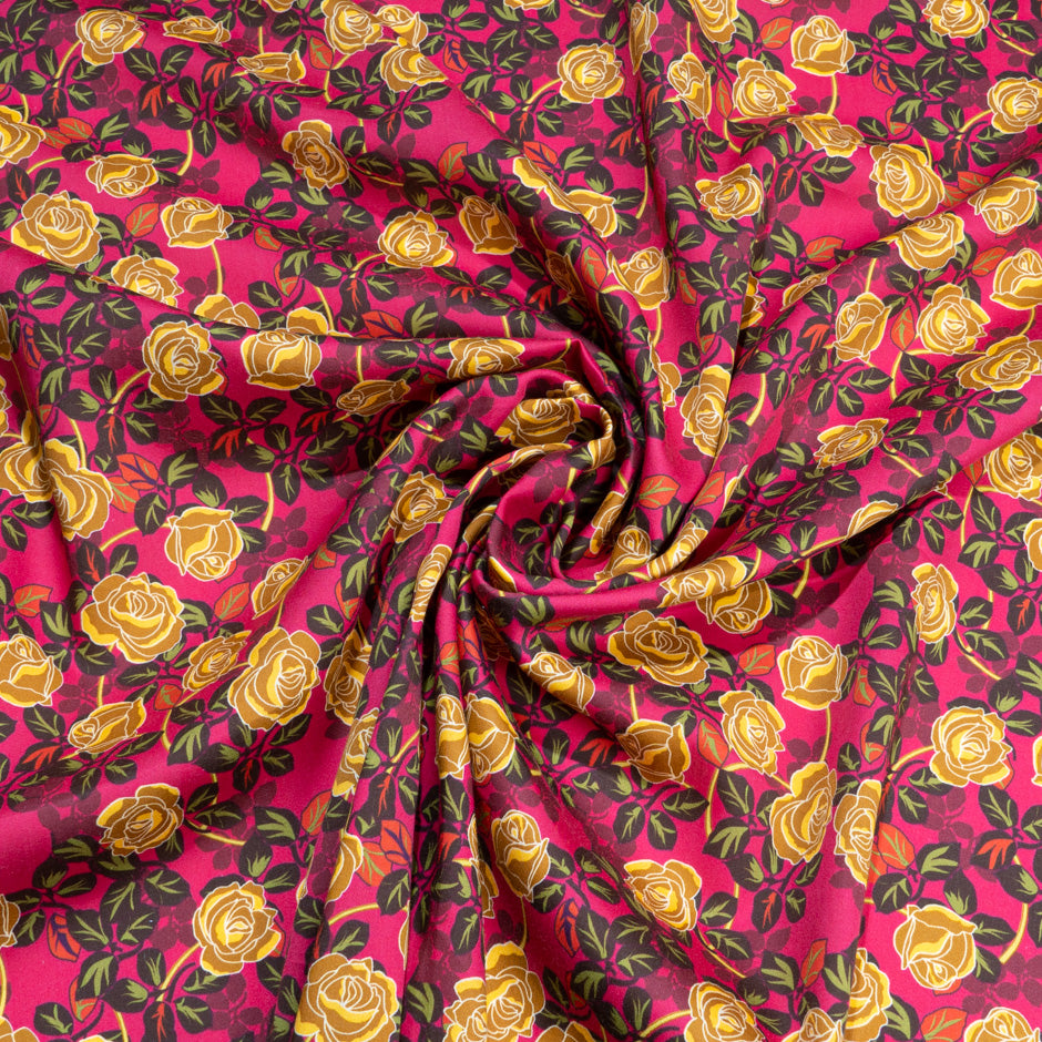Yellow Rose Printed Deep Pink Pure Cotton (A 2.85m Piece)
