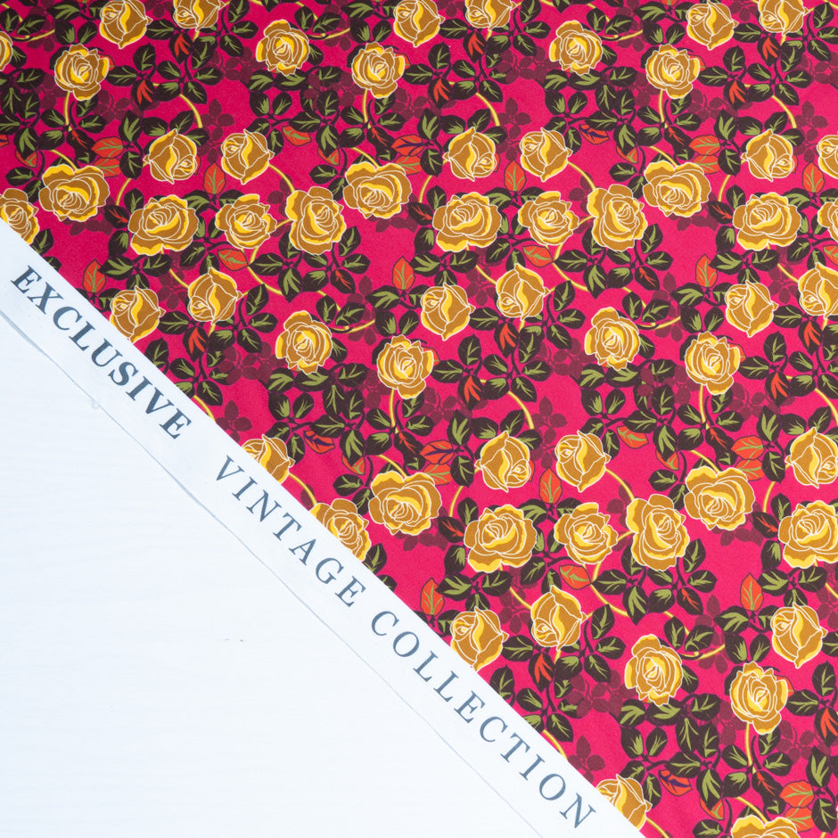 Yellow Rose Printed Deep Pink Pure Cotton (A 2.85m Piece)