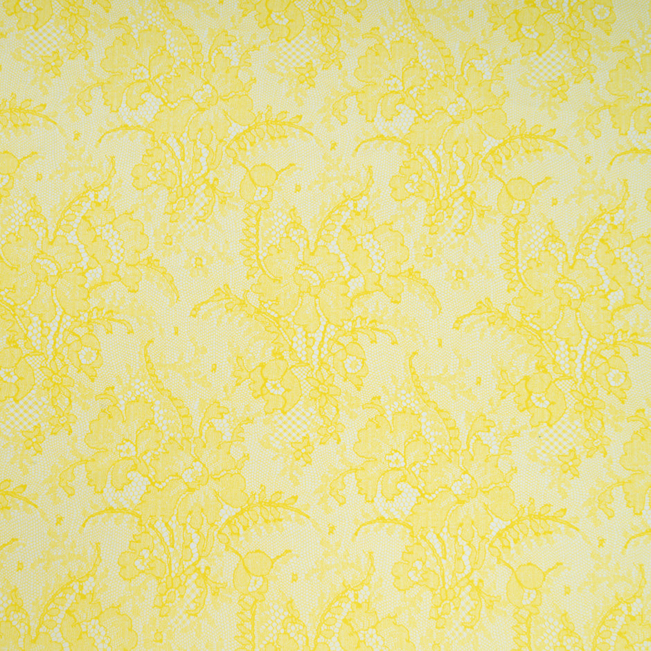 Lemon Yellow Chantilly Lace Printed Double Silk Organza