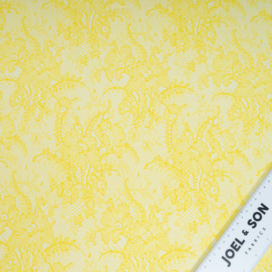 Lemon Yellow Chantilly Lace Printed Double Silk Organza