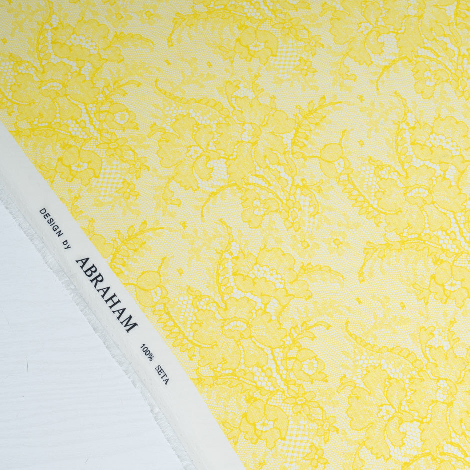 Lemon Yellow Chantilly Lace Printed Double Silk Organza