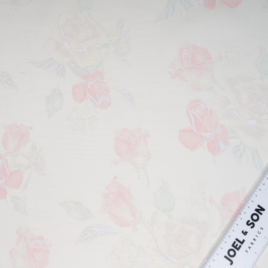 Baby Pink Rose Vision Printed White Double Silk Organza