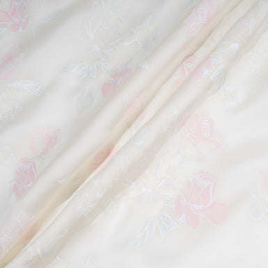 Baby Pink Rose Vision Printed White Double Silk Organza