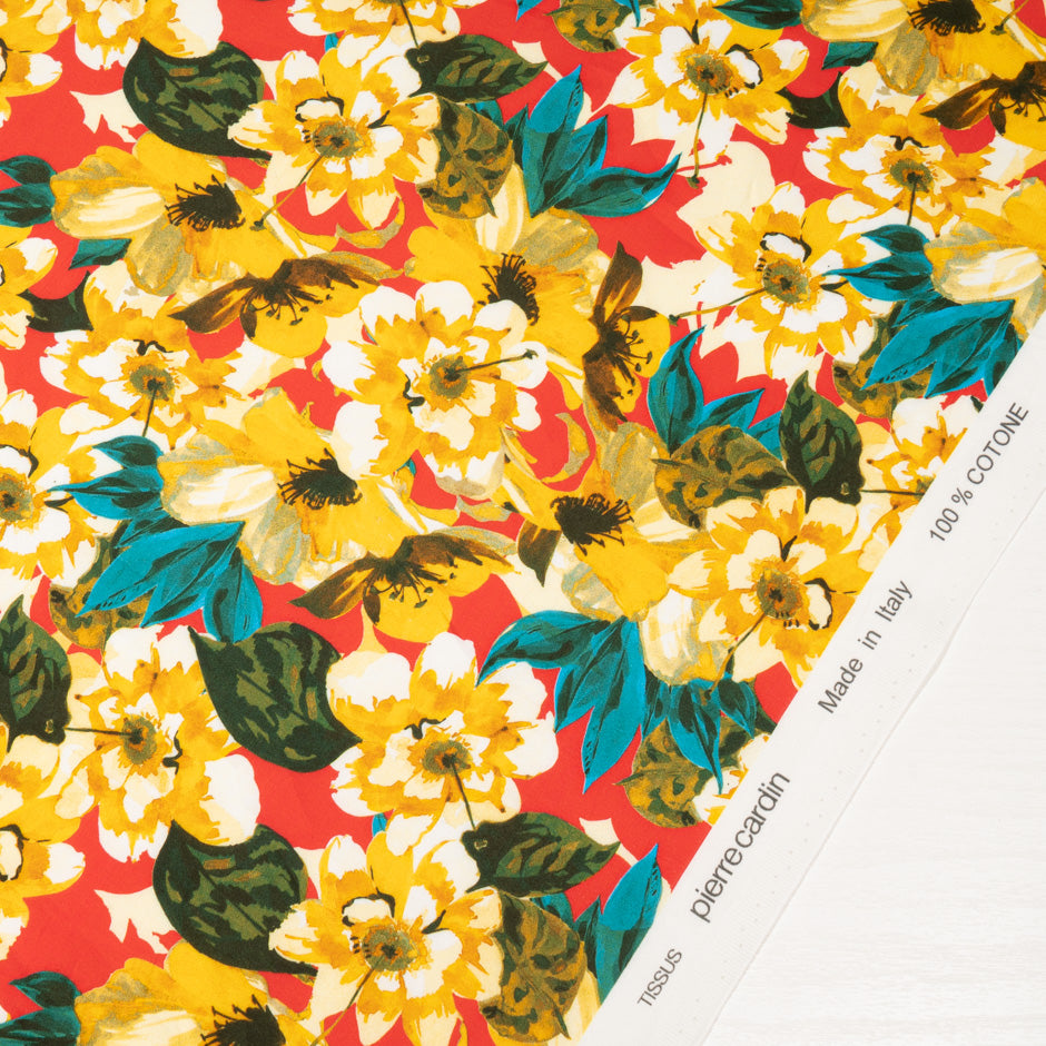 Mustard Yellow Floral Printed Red Luxury Cotton