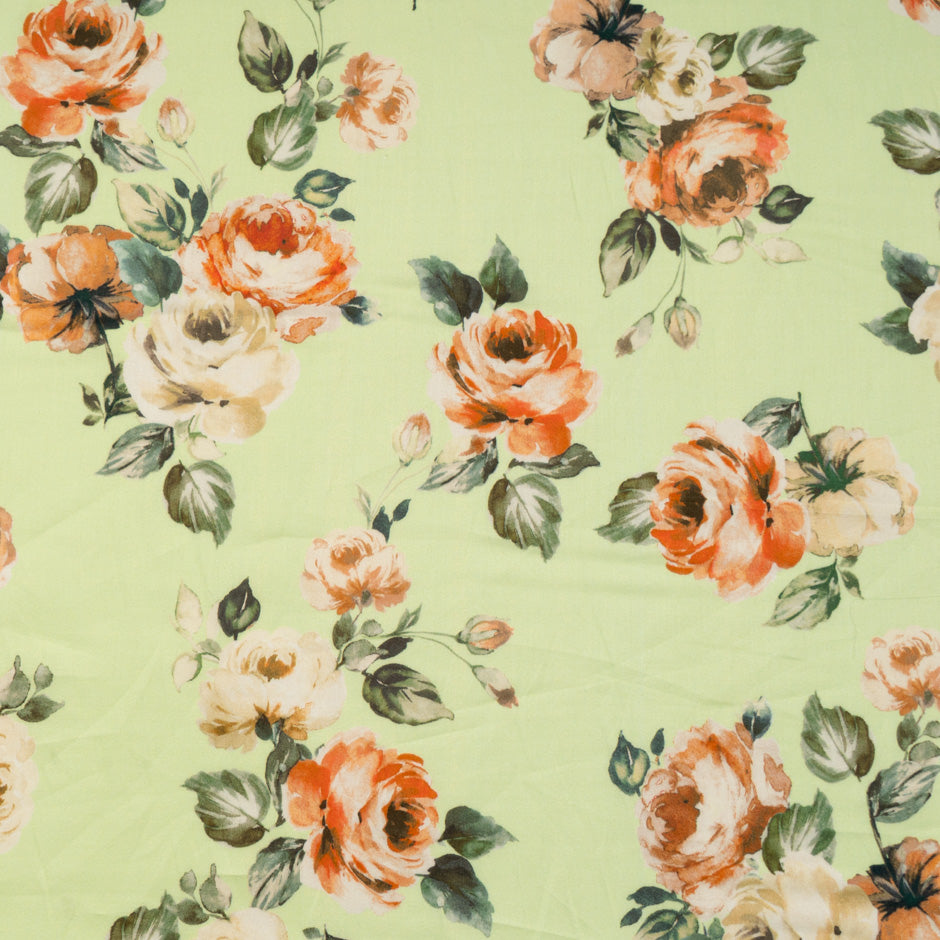 Orange Rose Printed Pea Green Luxury Cotton