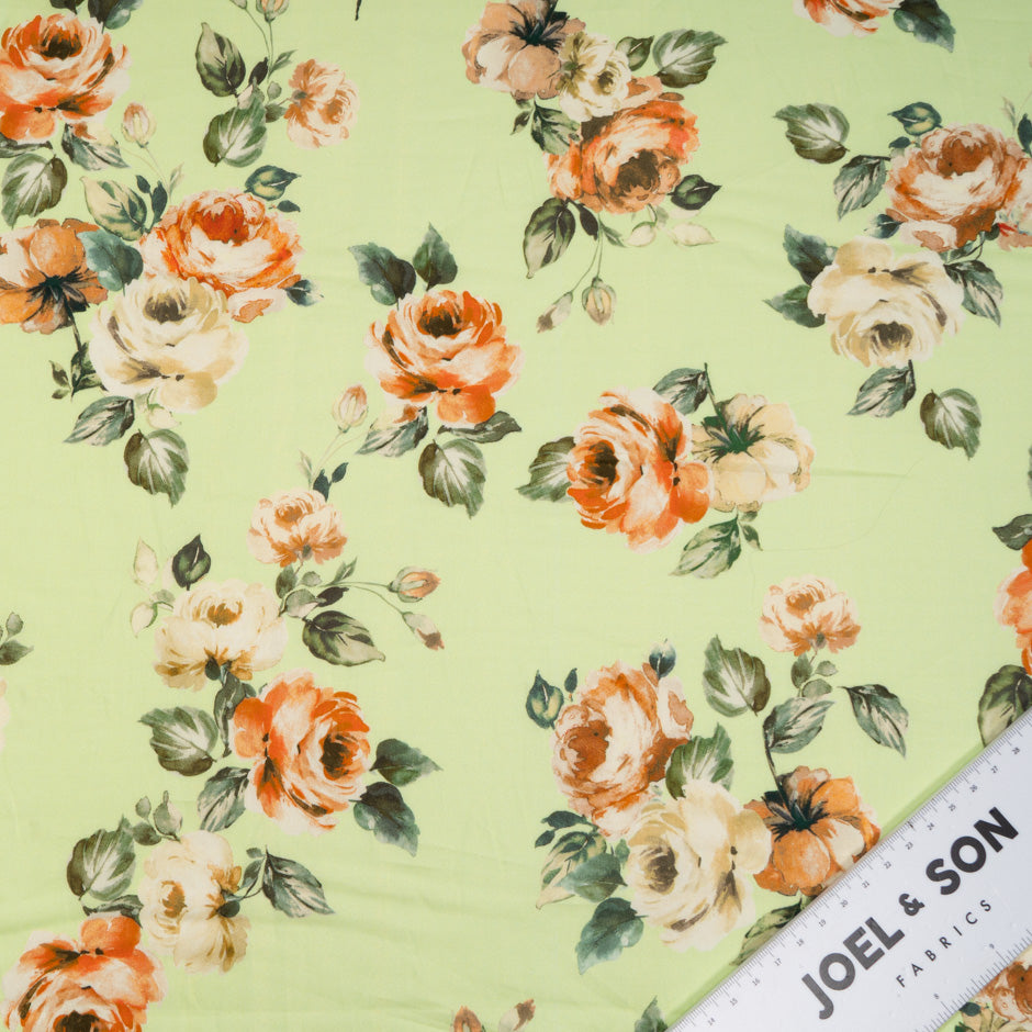 Orange Rose Printed Pea Green Luxury Cotton