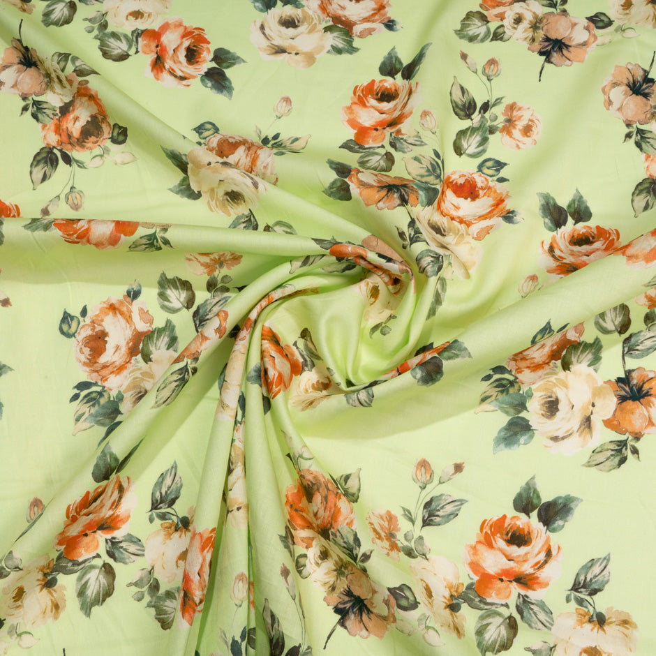 Orange Rose Printed Pea Green Luxury Cotton