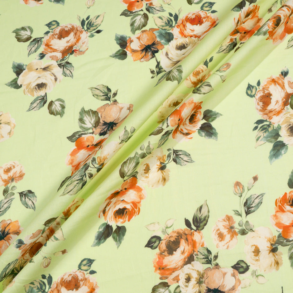 Orange Rose Printed Pea Green Luxury Cotton