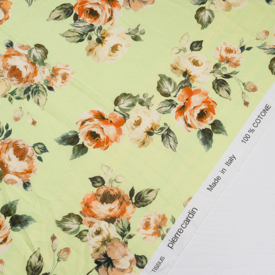 Orange Rose Printed Pea Green Luxury Cotton