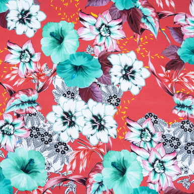 Aqua & White Floral Printed Red Luxury Cotton (A 1.75m Piece)