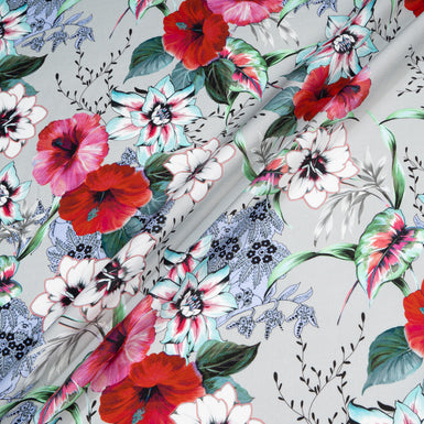 Bold Red Floral Printed Soft Grey Luxury Cotton
