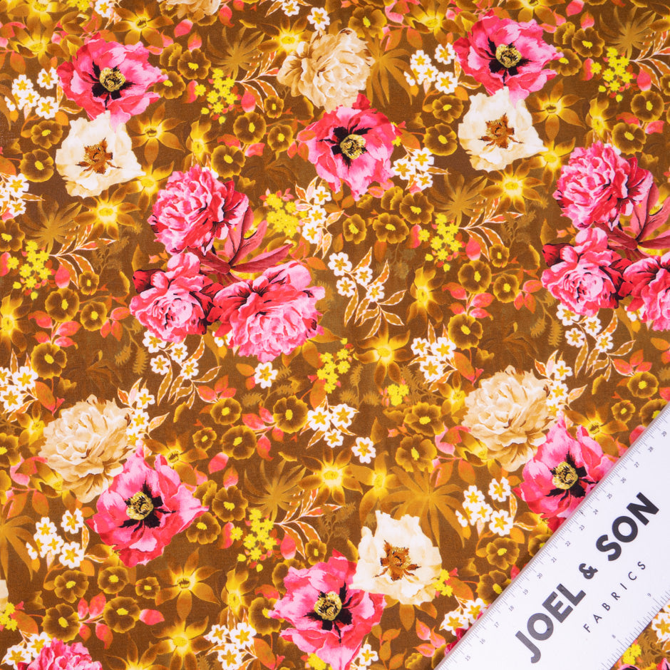 Pink Floral Printed Brown Pure Cotton