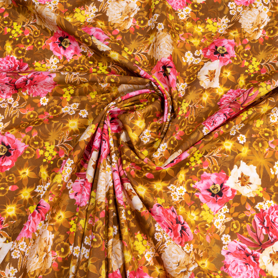 Pink Floral Printed Brown Pure Cotton