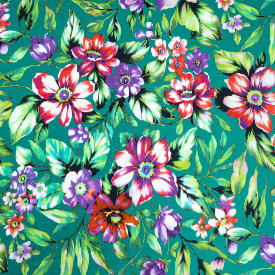 Purple & Red Floral Printed Deep Green Luxury Cotton (A 2.20m Piece)