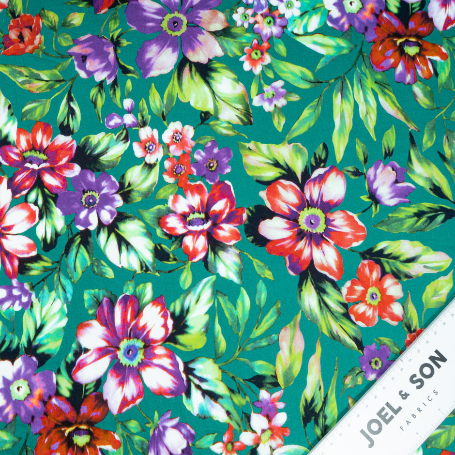 Purple & Red Floral Printed Deep Green Luxury Cotton (A 2.20m Piece)
